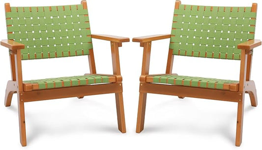 VINGLI Outdoor Armchair, All-Weather Wooden Patio Chair with Waterproof PE Woven Fabric, Adirondack Chair for Garden, Lawn and Poolside (2, Green and Brown)