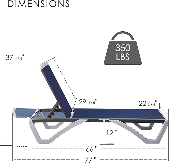 Kozyard Outdoor Chaise Lounge Chair, Full Flat Adjustable Patio Lounger with Aluminum Frame & Resin Legs - Photo 2