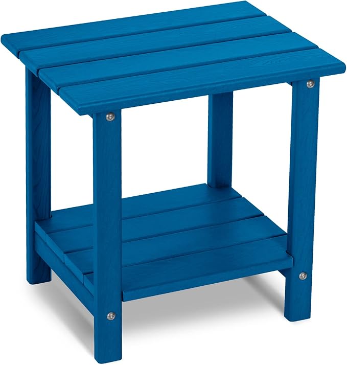 2 Tier Outdoor Side Table with Wood-Like Grain, 16.6" HDPE Adirondack Table Patio Side Table, Weather Resistant End Table for Pool, Patio & Porch, Small Outdoor Table(Navy Blue, Rectangle)