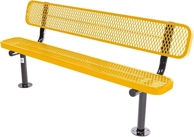 COATEDOUTDOORFURNITURE Heavy-Duty Outdoor Bench Thermoplastic Coated, Expanded Metal, Commercial-Grade Seating, Made in America (Surface with Back, 6 Ft, Textured Yellow)
