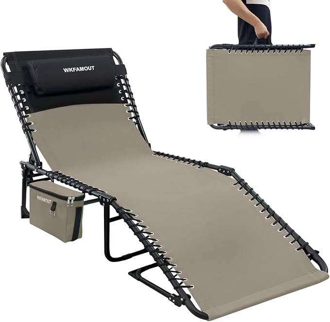 Folding Lounge Chair Outdoor with Insulated Cooler Bag Portable for Outside Patio Chaise Lounge Chair 5-Position with Pillow for Beach Sunbathing Pool Camping Lawn