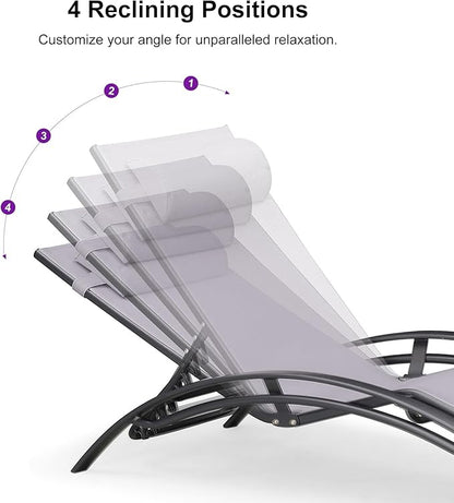 PURPLE LEAF Patio Chaise Lounge Set of 3 Outdoor Lounge Chair Beach Pool Sunbathing Lawn Lounger Recliner Outside Tanning Chairs with Arm for All Weather, Side Table Included, Light Grey
