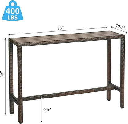 Outdoor Bar Table Patio Bar Height 55" Long Outdoor Console Table Hot Tub Tall Wicker High Top Pub Serving Table Narrow Sofa Sideboard Table Brown