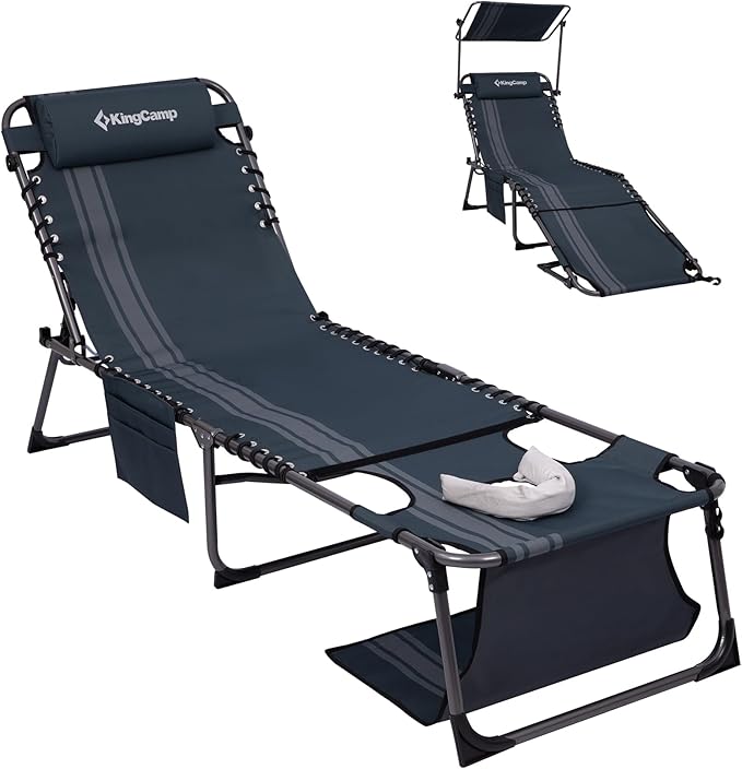 KingCamp Lounge Chair with face Hole & Canopy Shade, 400LBS Folding Portable Tanning Chair with face Hole, Adjustable 5-Position Foldable Beach Sun Tanning Chair for Outside Beach Patio Outdoor Pool
