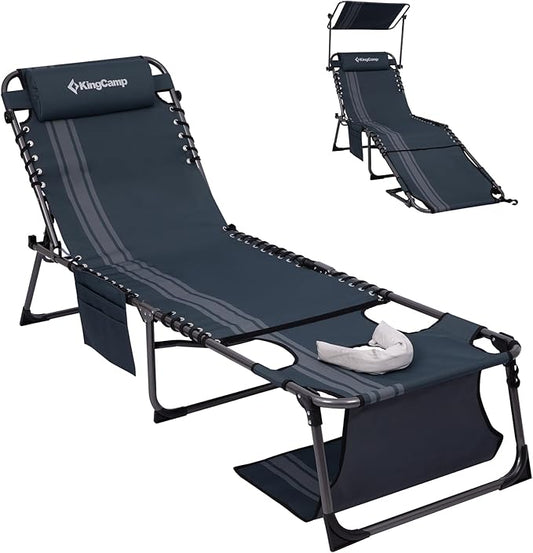 KingCamp Lounge Chair with face Hole & Canopy Shade, 400LBS Folding Portable Tanning Chair with face Hole, Adjustable 5-Position Foldable Beach Sun Tanning Chair for Outside Beach Patio Outdoor Pool