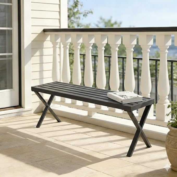 Outdoor Metal Backless Bench Weatherproof Patio Bench with Slatted Seat, X-Shaped Legs, All-Weather Garden Bench for Porch, Patio, Lawn and Backyard, Black