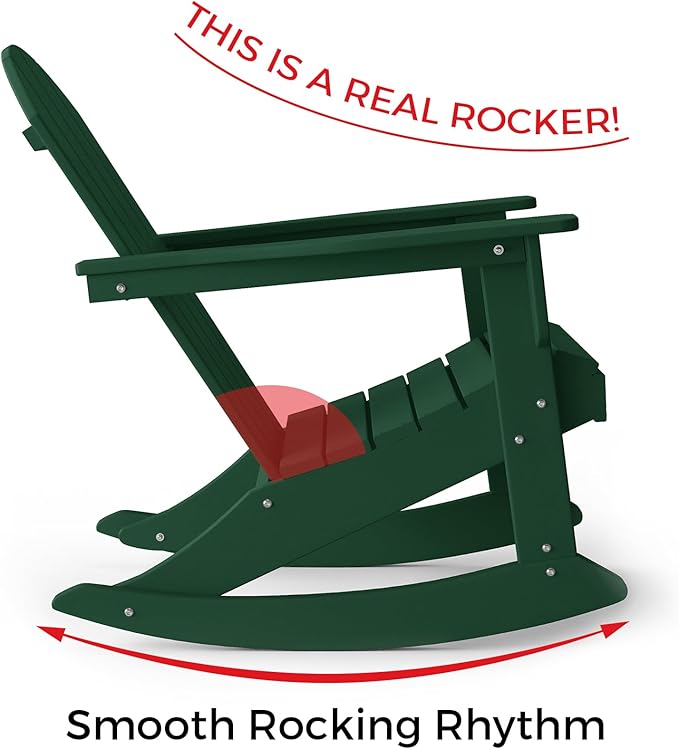 Costaelm Outdoor Adirondack Chair Set of 2, All Weather Resistant Classic Balcony Chair and Fire Pit Chairs, Plastic Outdoor Porch Furniture Rocking Chair High Back HDPE Poly Lumber, Dark Green