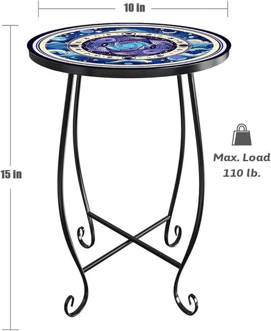 15 Inch Tall Outdoor Side Table, Metal Patio End Table with Twin Koi Fish Pattern, Rust Proof Black Small Garden Stool for Deck, Coastal Decor & Mermaid Table Gift