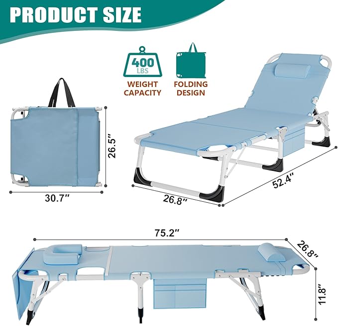 DoCred Heavy Duty XXL Tanning Chair with Face Hole&Mat, Oversized 5-Position Folding Chaise Lounge Chairs for Outside, Portable Beach Lounge Chair for Outdoor Sunbathing Beach Pool Lawn Camping