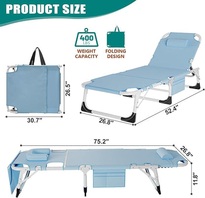 DoCred Heavy Duty XXL Tanning Chair with Face Hole&Mat, Oversized 5-Position Folding Chaise Lounge Chairs for Outside, Portable Beach Lounge Chair for Outdoor Sunbathing Beach Pool Lawn Camping