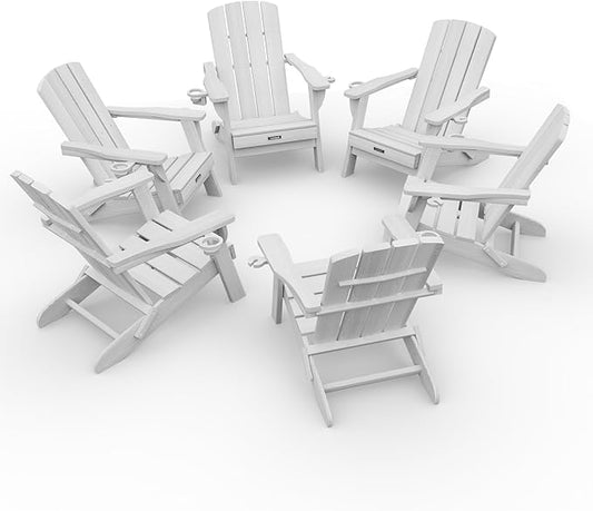 Folding Adirondack Chair Wood Texture 6 Pack, HDPE All-Weather Fire Pit Chairs, Plastic Adirondack Chairs with 2 Cup Holder, Outdoor Lawn Chair for Patio Garden (White)
