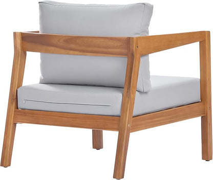 Merax 25" Acacia Solid Wood Outdoor Lounge Chair, Teak Finish Frame with Light Grey Cushion, Patio & Garden Chair, Teak+Light Grey