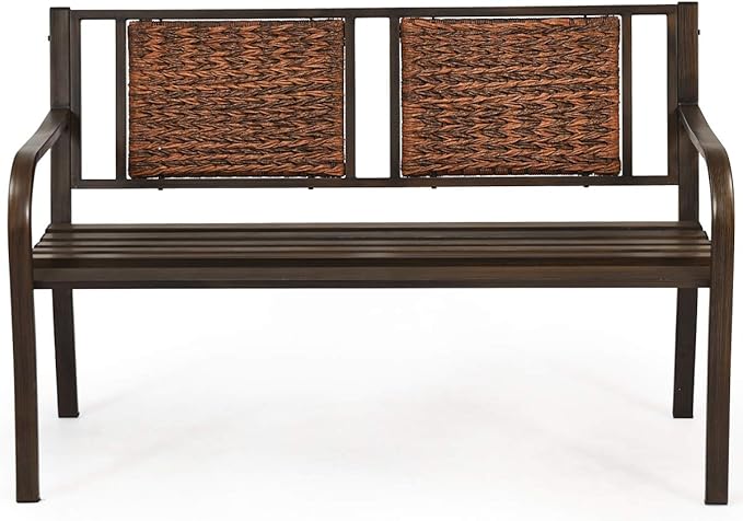 S AFSTAR Outdoor Garden Bench, Brown, Iron, Metal, Polyethylene, Rattan, 50.5 in Width, 2 Adults - Photo 9