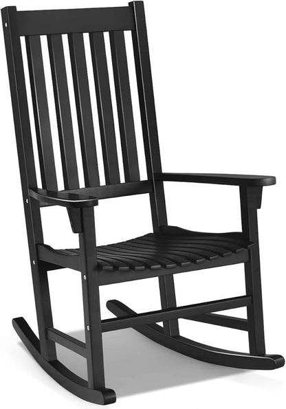 Tangkula Acacia Wood Porch Rocking Chair, Wooden Rocking Chair Rocker with High Back & Armrest for Indoor Outdoor Use, Patio Rocker for Garden Lawn Balcony Backyard Poolside (1, Black)