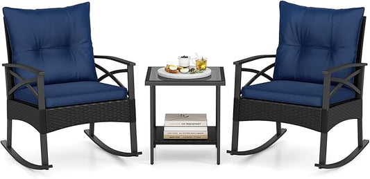 Tangkula 3 Pieces Outdoor Rocking Chairs Set, Rattan Heavy Duty Cushioned Rocker Chairs with 2-Tier Tempered Glass Coffee Table, for Garden, Balcony, Backyard (Black+Navy)