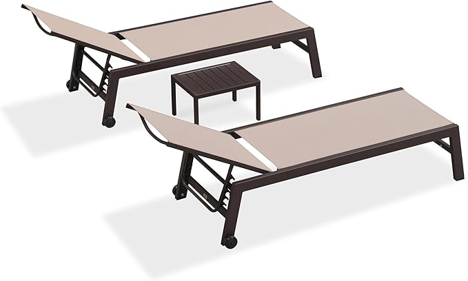 PURPLE LEAF Outdoor Chaise Lounge Chair Set of 2, Patio Pool Textilene Loungers with Adjustable Backrest and Wheels, Includes Side Table for Deck, Lawn, Garden, Sand Beige