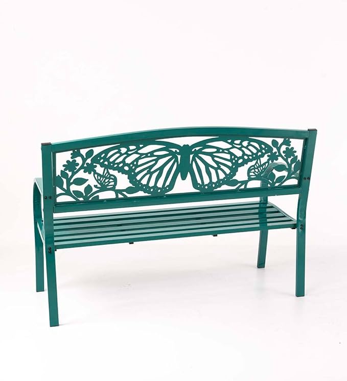 Wind & Weather Teal Iron Butterfly Garden Bench 4-Feet Wide by 2.75-Feet High by 1.75-Feet Deep Sturdy, Powder-Coated Bench for All Seasons, Adds Pop of Gorgeous Color to Your Garden