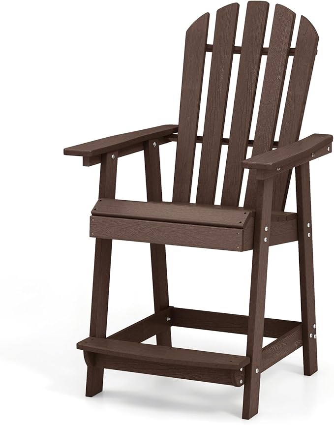 Giantex Tall Adirondack Chair, HDPE Outdoor Bar Stools with Armrests, 4.5” Wide Footrest, Patio Adirondack Barstools, All-Weather Balcony Chairs for Poolside, Garden, Backyard (1, Brown)