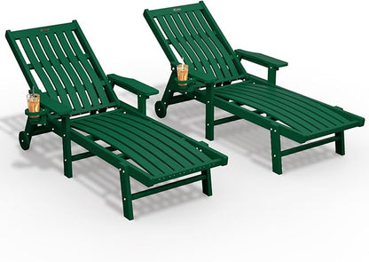 THOEOE Patio Chaise Lounge Chair Set of 2, Oversized Lounge Chair Outdoor with 5 Positions, HDPE, Patio Lounge Chair with Wheels & Cup Holder for Pool, Deck, Poolside,Green