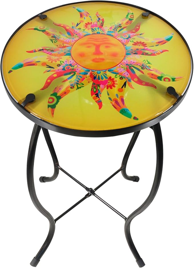 Patio Side Table Outdoor Metal Accent Table Round Glass Balcony Plant End Table Garden Lawn Indoor Coffee Table