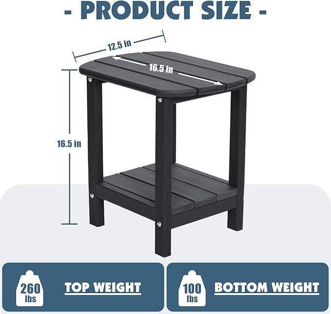 Adirondack Outdoor Side Table, 16.5” HDPE Small Patio Table with Storage Shelf, Weather Resistant End Table for Porch, Pool & Yard (Black)