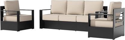 Outdoor Aluminum Furniture Set, 3-Piece Patio Conversation Set, 2 Chairs and 1 Sofa, All-Weather Metal Frame, 6" Thick Removable Cushions, Deep Setting for Garden, Poolside and Porch