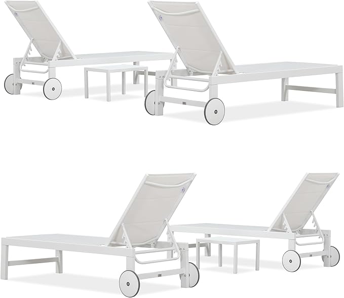 PURPLE LEAF Outdoor Chaise Lounge Set Elderly-Friendly Straight Legs Adjustable Sunbathing Recliner with Side Table for Back Support Poolside Beach Patio Lounge Chairs Cream 2 Sets