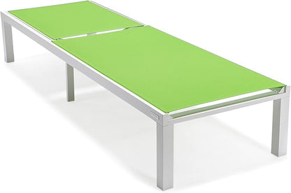 LeisureMod Marlin Aluminum Outdoor Chaise Lounge Chair - Mesh Sling Fabric Seat White Aluminum Frame Beach, Pool Lounge Chair for Modern Patio Lawn, Garden and Backyard (Green)