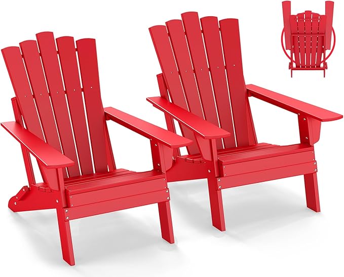 GREENVINES Folding-Adirondack-Chairs-Set-of-2 | HDPE Plastic | Throne Series | Fire Pit Chair | All Weather | for Outdoor Patio Deck Backyard Poolside | Red