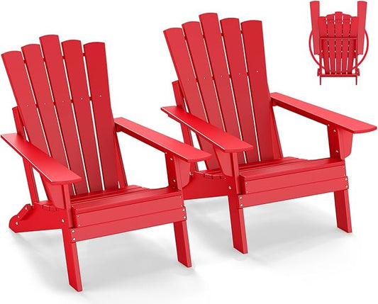 GREENVINES Folding-Adirondack-Chairs-Set-of-2 | HDPE Plastic | Throne Series | Fire Pit Chair | All Weather | for Outdoor Patio Deck Backyard Poolside | Red