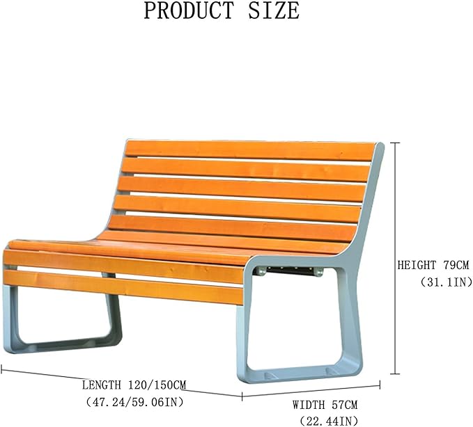 Outdoor 47in Bench Cast Aluminum Metal Garden Bench Weatherproof Weather Resistant Patio Bench Wooden Front Porch Bench(150 * 57cm(59.06 * 22.44in))