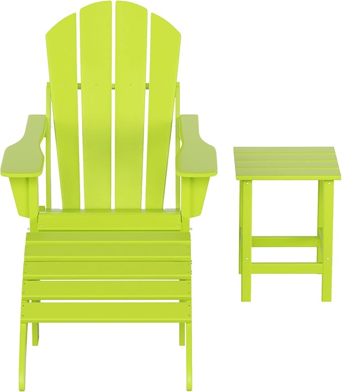 WestinTrends Malibu Outdoor Lounge Chairs, 3-Pieces Adirondack Chair Set with Ottoman and Side Table, All Weather Poly Lumber Patio Lawn Folding Chair for Outside Pool Garden Backyard, Lime