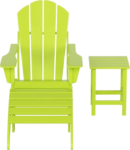 WestinTrends Malibu Outdoor Lounge Chairs, 3-Pieces Adirondack Chair Set with Ottoman and Side Table, All Weather Poly Lumber Patio Lawn Folding Chair for Outside Pool Garden Backyard, Lime