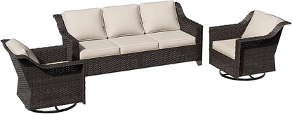 3 Pieces Patio Conversation Furniture Set - 1 Sofa, 2 Swivel Chairs, Outdoor Wicker Furniture with Removable Cushions for Porch, Balcony, Sunroom (Beige)