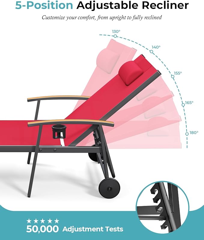 Ciokea Outdoor Lounge Chair with Pillow Set of 2, 5-Position Aluminum Chaise Lounge with Wheels & Armrests - Photo 5
