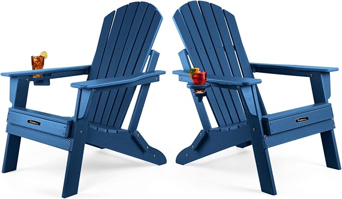 FUNBERRY Folding Adirondack Chair Set of 2, HDPE All Weather Fire Pit Chairs with Cup Holder for Outdoor