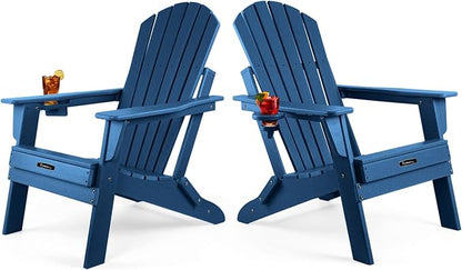FUNBERRY Folding Adirondack Chair Set of 2, HDPE All Weather Fire Pit Chairs with Cup Holder for Outdoor