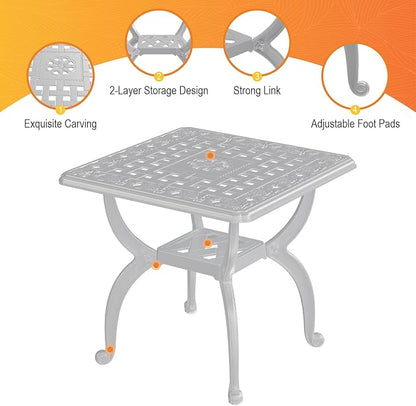 Square Outdoor Coffee Table, Cast Aluminum Side Table with Storage,Indoor End Table, All-Weather Bistro Table for Patio Garden Lawn,White