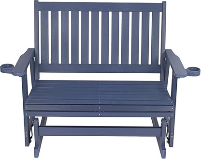 HIPS Patio Glider with Cup Holders, Durable Poly Lumber Material, All-Weather Resistant, High Backrest and Deep Contoured Seat, Heavy Duty 900 LB, for Outdoor, Porch, Patio (Navy Blue, 2-Seat)