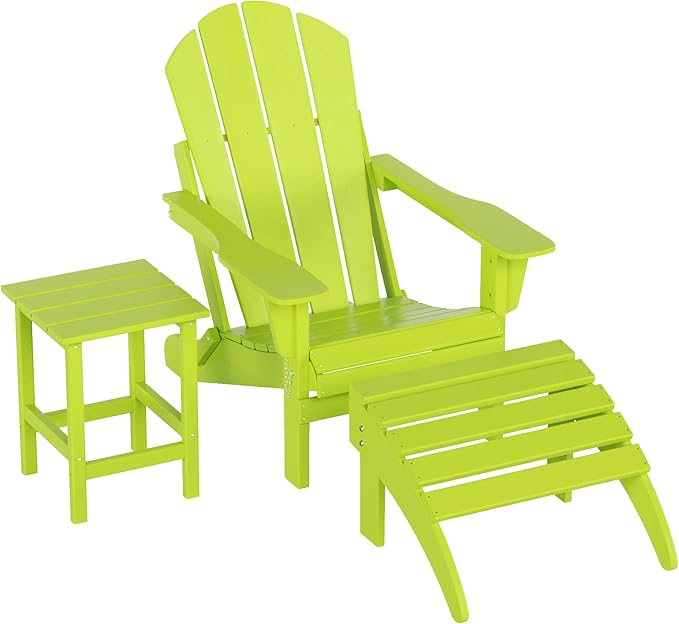 WO Home Furniture 3pc Set - HDPE Poly Adirondack Chair with Ottoman/Footrest and Square Side Table, All Weather and UV Resistant for Outdoor Patio Backyard, Garden, Lime