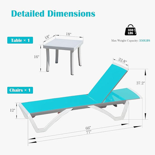 Domi Outdoor Lounge Chair, Aluminum Patio Chaise Lounge with 5 Position Adjustable Backrest and Wheels, All Weather Reclining Chair with Side Table for Patio, Yard,Balcony,Poolside (Lake Blue)
