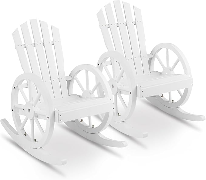 Outvita Adirondack Rocking Chair Set of 2, Wood Wagon Rocker, Outdoor Wooden Carbonized Lounge Chairs with Wheel Armrest for Garden Patio Country Yard(White