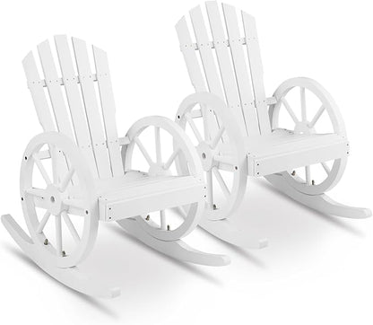 Outvita Adirondack Rocking Chair Set of 2, Wood Wagon Rocker, Outdoor Wooden Carbonized Lounge Chairs with Wheel Armrest for Garden Patio Country Yard(White