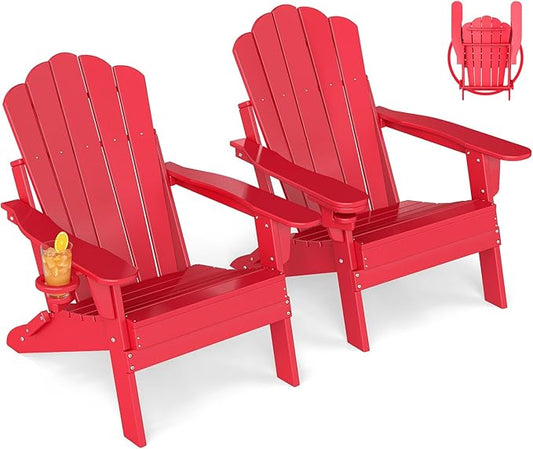 GREENVINES Oversized-Folding-Adirondack-Chairs-Set-of-2 | HDPE Plastic | Cup Holder | Fire Pit Chair | All Weather | for Outdoor Deck Backyard | Red