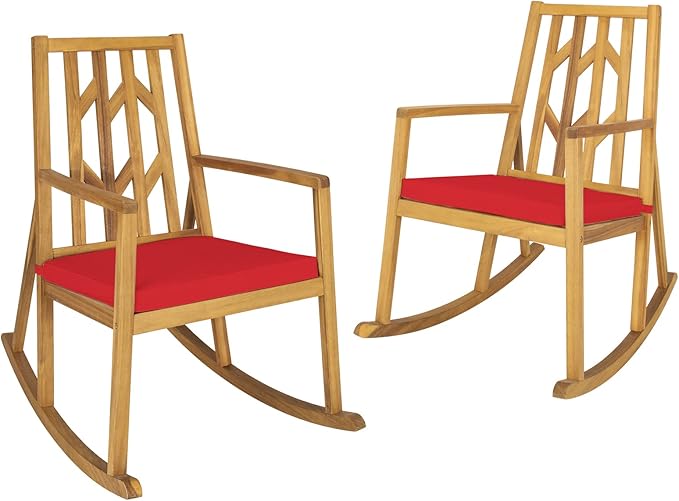 Tangkula 2 Pieces Acacia Wood Patio Rocking Chair, Outdoor Porch Rocker W/Removable High-Density Cushion, All-Weather Resistance, Perfect for Garden, Backyard, Poolside