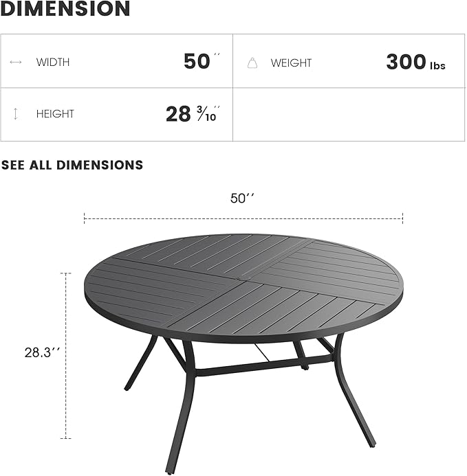 Patio Dining Table for 6, Round Metal Outdoor Table with Storage Shelf, 1.57" Umbrella Hole, 50" Outdoor Quartered Tabletop Dining Table for Backyard, Porch, Lawn, Black