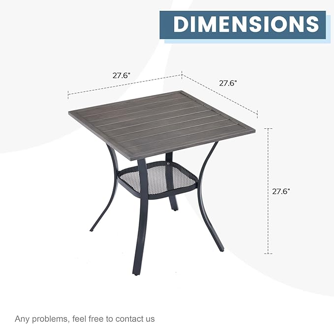 DIFY 27.6" Small Square Outdoor Dining Table for 2, Slatted Metal Patio Table with Storage Shelf, All-Weather Patio Dining Table for Garden Backyard Deck, Grey Wood-Like Tabletop