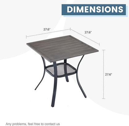 DIFY 27.6" Small Square Outdoor Dining Table for 2, Slatted Metal Patio Table with Storage Shelf, All-Weather Patio Dining Table for Garden Backyard Deck, Grey Wood-Like Tabletop