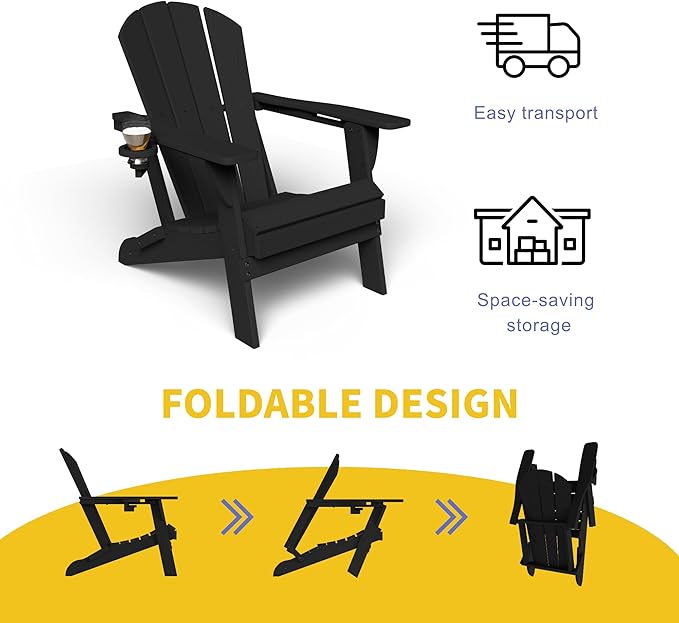 Kingdura Foldable Adirondack Chair, Portable HDPE All Weather Resistant Outdoor Patio Chair, Wooden Textured with Cup Holder, 380LBS Capacity for Poolside, Backyard, Deck, Fire Pit (Black)