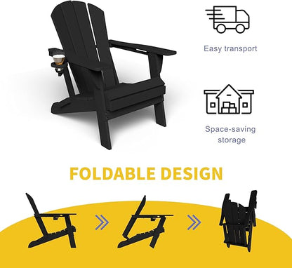 Kingdura Foldable Adirondack Chair, Portable HDPE All Weather Resistant Outdoor Patio Chair, Wooden Textured with Cup Holder, 380LBS Capacity for Poolside, Backyard, Deck, Fire Pit (Black)